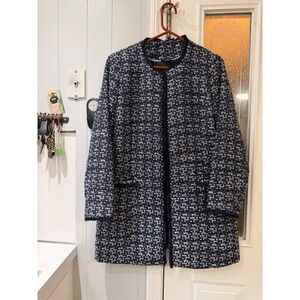 M&Co Petite Navy White Tweed Longline Open Front Jacket Fringe Trim Size 16
